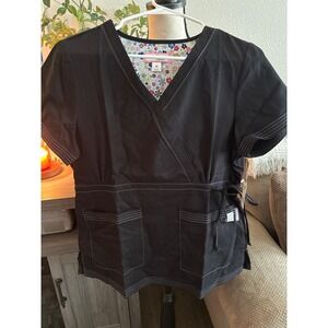 Koi by Kathy Peterson Black Scrub Top Mock Wrap medium NWT